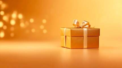 Golden gift box on blurred golden background with copy space. Generative AI.