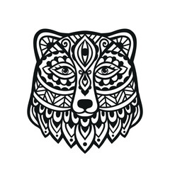 Bear mandala ornament. Vector illustration. Flower Ethnic drawing. Bear animal nature in Zen boho style. Coloring page black and white