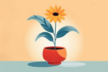 Fototapeta na wymiar Illustration of a bright yellow flower in a red vase sitting on a wooden table created with Generative AI technology