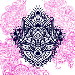 Fox head Mandala. Vector illustration. Flower Ethnic drawing. Decorative Fox animal in Zen boho style. Boho, hippie for decoration