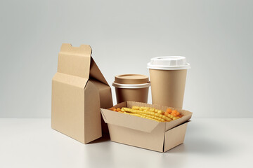 Delivery containers for takeaway food. Paper coffee cup with packed food. Generative Ai.