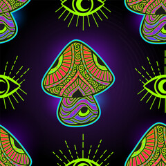 Magic Mushrooms. Psychedelic pattern fluorescent, neon. Vector illustration. Zen art. Decorative mushrooms, hippie, hallucination, psilocybin 60s 70s purple black