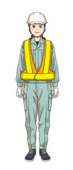 A female construction worker wearing a helmet and a safety vest