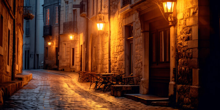 cozy street corner adorned with flickering street lamps