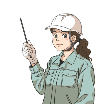 A female maintenance staff giving safety instructions, wearing helmet