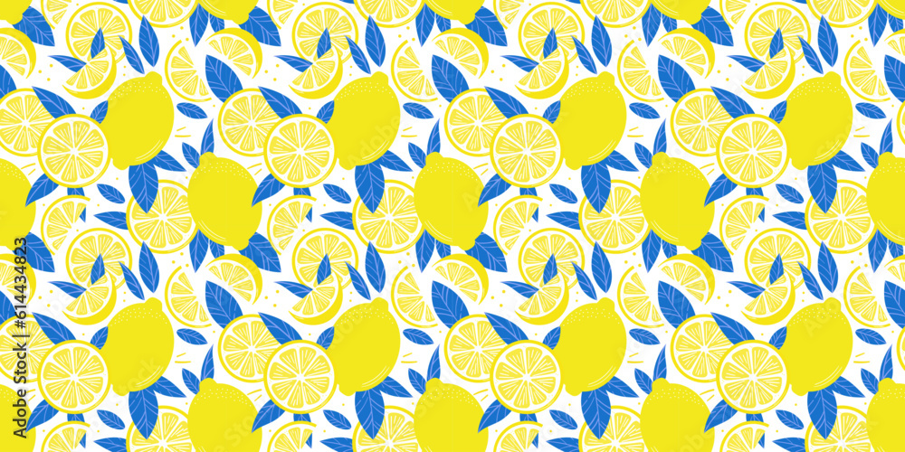 Poster lemon seamless vector repeat pattern with citrus fruit slices, tropical print for the summer, repeat