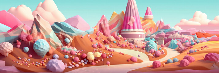 Ice cream, Ice cream land, Fairy tale landscape made in ice cream, waffle cones, fruits, chocolate, candy and sweets illustration in cartoon 3d style, Generative AI