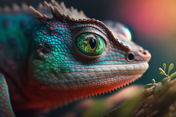 Mesmerizing sight of a chameleon lizard's face in a breathtaking close-up shot. Against the blurred backdrop of nature. Generative AI.