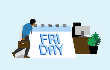 Businessman tired going to work with calendar showing Friday.