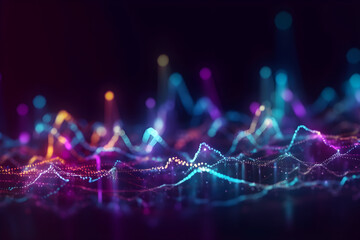 Music abstract background. Molecular background with DNA. Network with connecting dots and lines. Big data visualization. Sound wave. 3d rendering. - 614435680