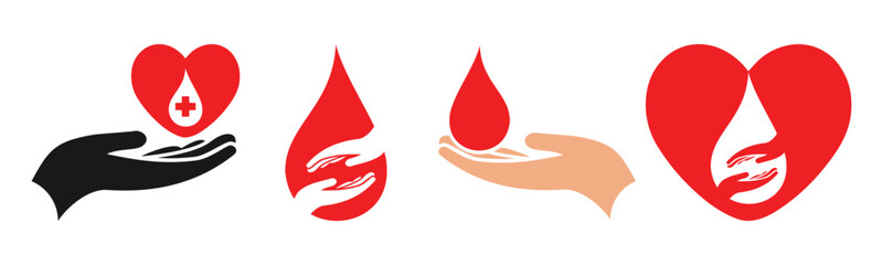 Hand holding blood donation sign , Blood donation volunteering charity vector icon set , Blood donor icon set