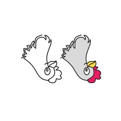 Illustration image graphic of two chicken heads one with color and one plain white background good for food brand logo or chicken company logo.