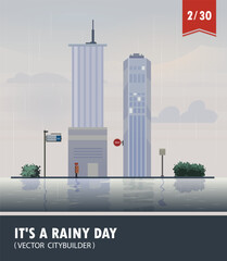 Vector set of Cityscape with building. Vector cartoon illustration of rainy landscape with buildings. Part two 2