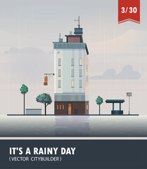 Vector set of Cityscape with building. Vector cartoon illustration of rainy landscape with buildings. Part three 3 - 614436296