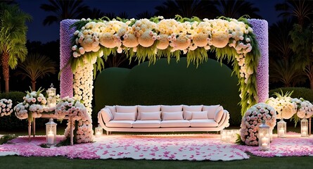 Photo of a beautifully decorated wedding stage with a floral couch as the centerpiece