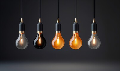  a group of light bulbs hanging from the ceiling in a dark room with one light bulb turned on and the other turned on and turned on.  generative ai