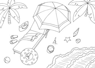 Beach view from above top graphic black white landscape sketch illustration vector