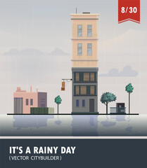 Vector set of Cityscape with building. Vector cartoon illustration of rainy landscape with buildings. Part eight 8 - 614436668