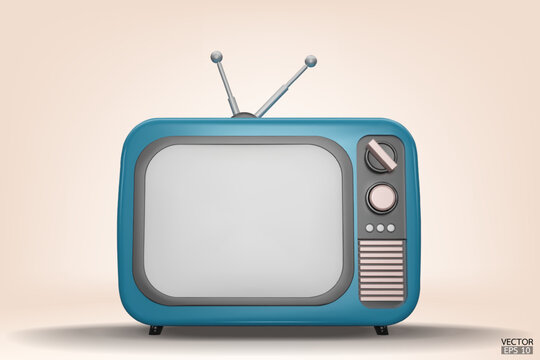 3D render blue Vintage Television Cartoon style isolate on  background. Minimal Retro TV. Blue analog TV.  Old TV set with antenna. 3d vector illustration.