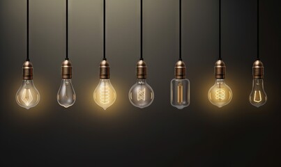  a group of light bulbs hanging from a line of lightshades with a light bulb in the middle of the row of the bulbs.  generative ai
