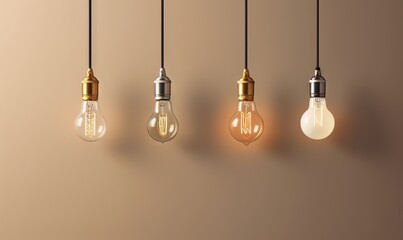  a row of light bulbs hanging from a line of lights on a beige wall with a light bulb in the middle of the row of the row.  generative ai