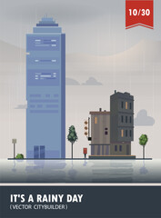 Vector set of Cityscape with building. Vector cartoon illustration of rainy landscape with buildings. Part ten 10 - 614436823