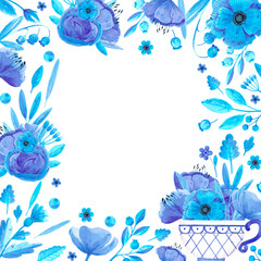 Hand drawn watercolor blue tea cup, flowers and leaves boarder frame. Isolated on white. Can be used for cards, banners, album, label.