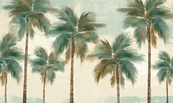  a painting of palm trees against a blue and beige background with a grungy effect to the top of the image and bottom half of the image.  generative ai