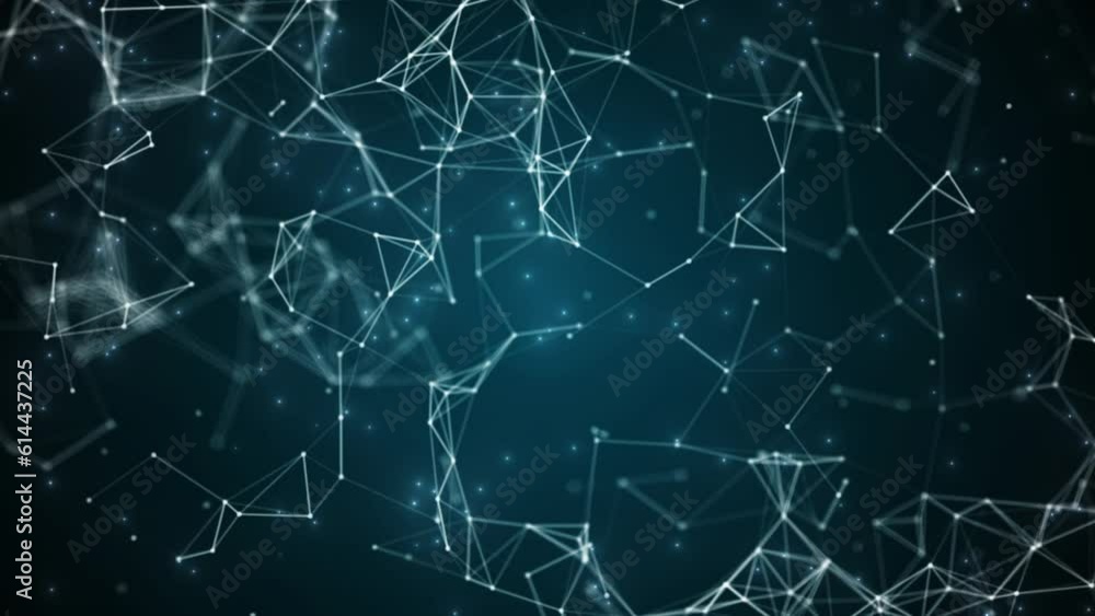 Poster dots and lines in the center blur slow motion with dark blue background, green particles with lines 