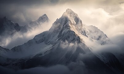  a very tall mountain covered in snow under a cloudy sky with a bird flying over the top of the mountain in the foreground,.  generative ai