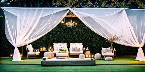 Photo of a beautifully decorated outdoor lounge area perfect for weddings