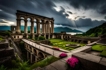 Fototapeta premium A poignant aftermath of a nuclear bomb detonation, with nature slowly reclaiming the ruins