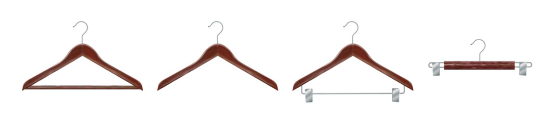 Set of wooden clothes hangers mahogany clothes hanger. Realistic vector clothes hanger wooden hanger closeup isolated on background. Design template, clipart or layout for graphics. Vector