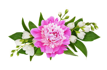 Jasmine (Philadelphus) and pink peony flowers and leaves in a floral arrangement isolated on white or transparent background