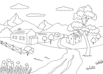 Village coloring graphic black white rural landscape sketch illustration vector