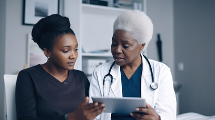 Fototapeta premium Female doctor communicating with a patient in her medical office