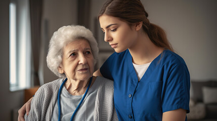 Caregiver assisting senior woman at home