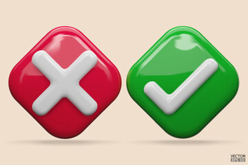 3D green Checkmark and red X mark icon. Checkmark right symbol, tick sign. check and uncheck for web and mobile apps. 3D vector illustration.