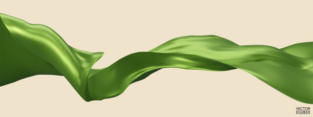 Flying green silk textile fabric flag background. Smooth elegant green Satin Isolated on beige Background for grand opening ceremony. Green curtain. 3d vector illustration © vensto