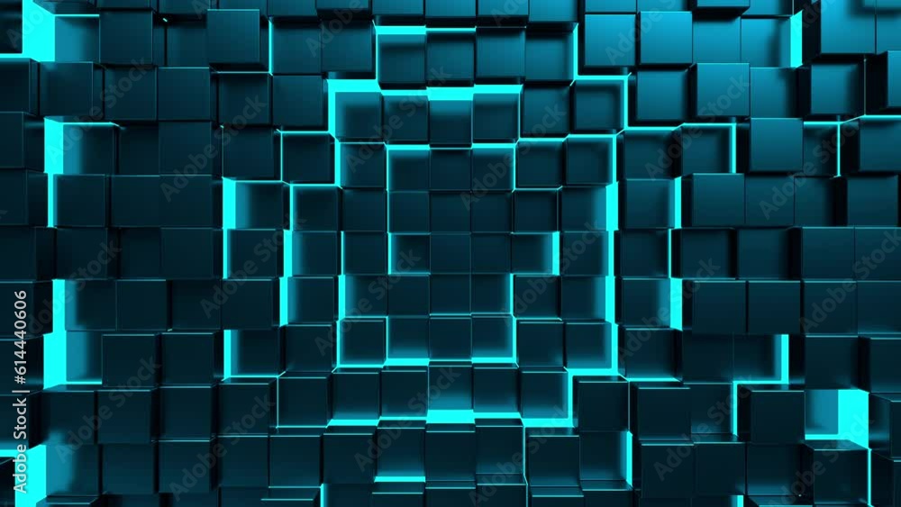 Poster blue 3d render abstract background. colorful and bright animated texture with lights and box structu