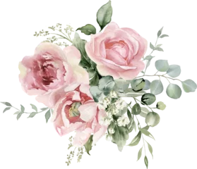 Schilderijen op glas Geschilderde Bloemen Watercolor floral illustration. Pink flowers and eucalyptus greenery bouquet.  Dusty roses, soft light blush peony - border, wreath, frame. Perfect wedding stationary, greetings,  fashion, background  © Nataliya Kunitsyna