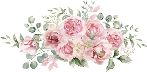 Watercolor floral illustration. Pink flowers and eucalyptus greenery bouquet.  Dusty roses, soft light blush peony - border, wreath, frame. Perfect wedding stationary, greetings,  fashion, background - obrazy, fototapety, plakaty