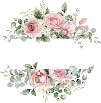 Watercolor floral illustration. Pink flowers and eucalyptus greenery border.  Dusty roses, soft light blush peony frame. Perfect wedding stationary, greetings,  fashion, background