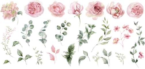 Schilderijen op glas Geschilderde Bloemen Watercolor floral illustration. Pink flowers and eucalyptus greenery bouquet.  Dusty roses, soft light blush peony - border, wreath, frame. Perfect wedding stationary, greetings,  fashion, background  © Nataliya Kunitsyna