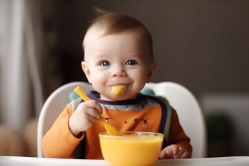 A happy child sits at a children's table and eats fruit, vegetable puree with a spoon. Baby food concept. Generative AI