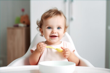 A happy child girl sits at a children's table, in a child seat and eats children's food with a spoon. Baby food concept. Generative AI