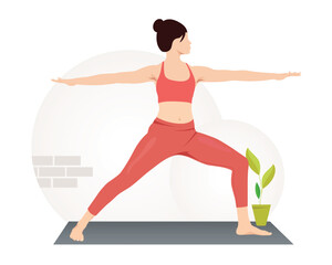 Young woman practicing Virabhadrasana, Warrior Pose yoga exercise.