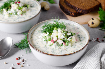 Cold Okroshka Soup with Eggs, Vegetables, Meat, Herbs and Kefir on a Bright Background, Summer Soup