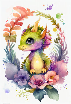 Small dragon among lilac flowers on a white background in a watercolor style. AI generated