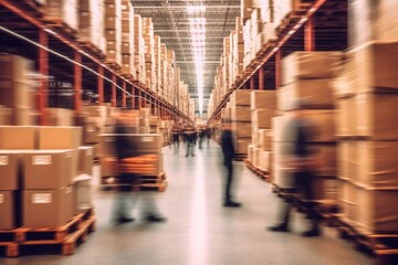 Blurred image of warehouse employees in action moving Generative AI